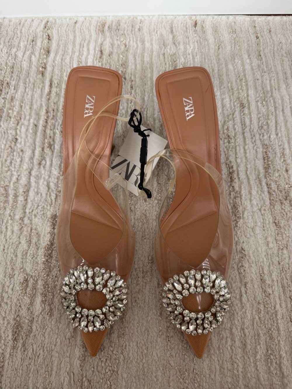 ZARA Tan Clear Pointed Mule with Crystal Medallion